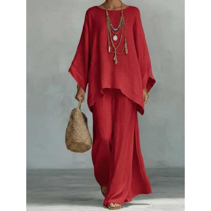 2026 New Women's Simple Loose Linen Blend Shirt and Wide-Leg Pants Set