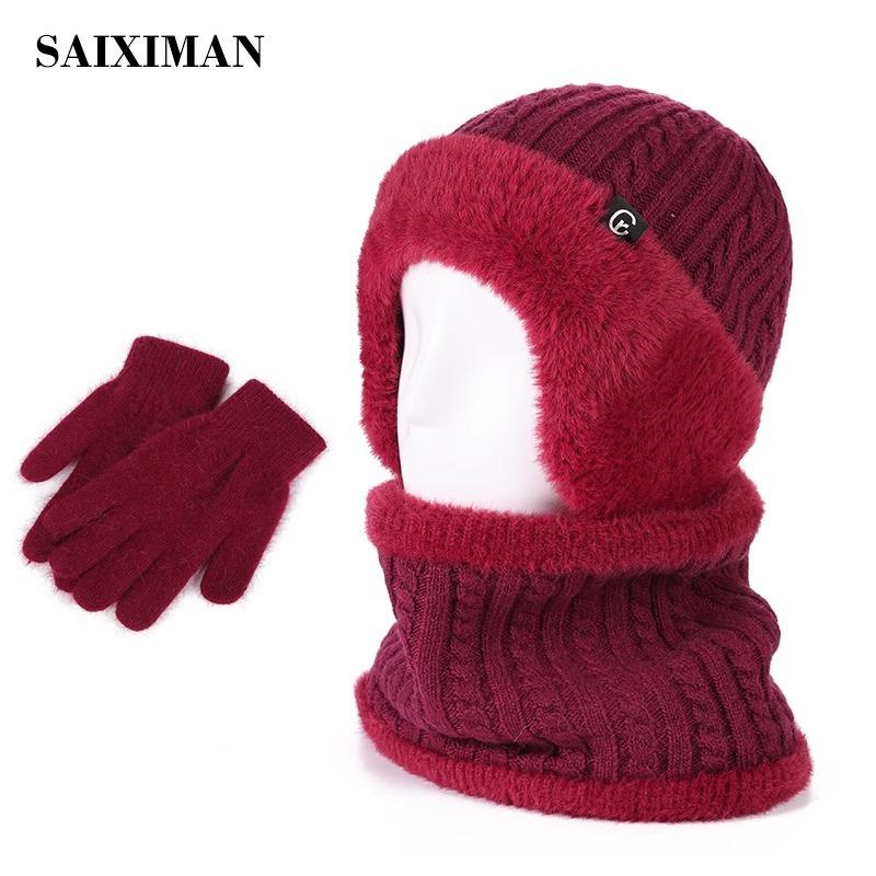 

Вязаная шапка зимняя шапка для пожилых женщин зимняя бархатная теплая шерстяная шапка мужская защита ушей шарф average size (hat only) бордовый