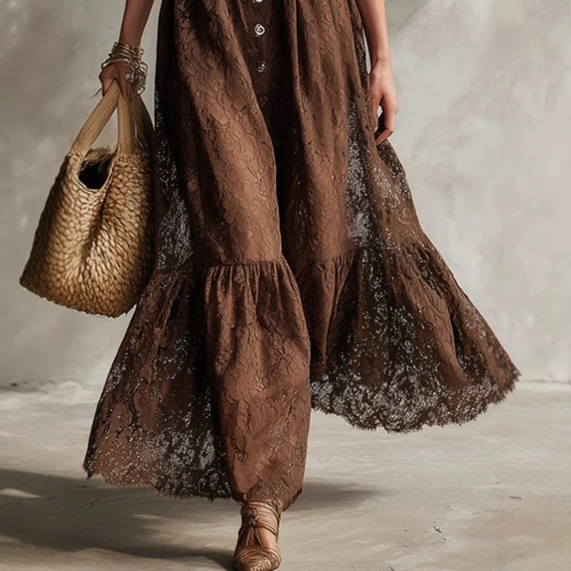 V Neck Sleeveless Maxi Dress Bohemian Lace Solid Color High Waist Slim Fit Long