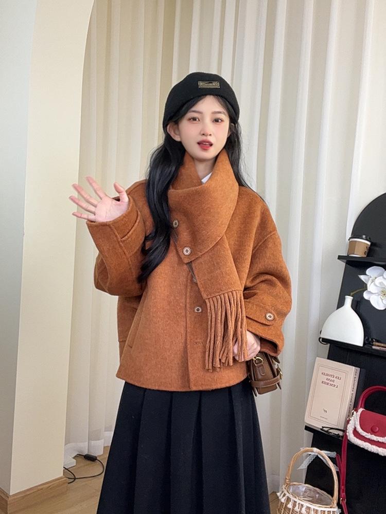 

2025 autumn and winter new fringed scarf double-sided wool coat short small age-reducing fashion wool coat M під час заходу сонця помаранчевий колір