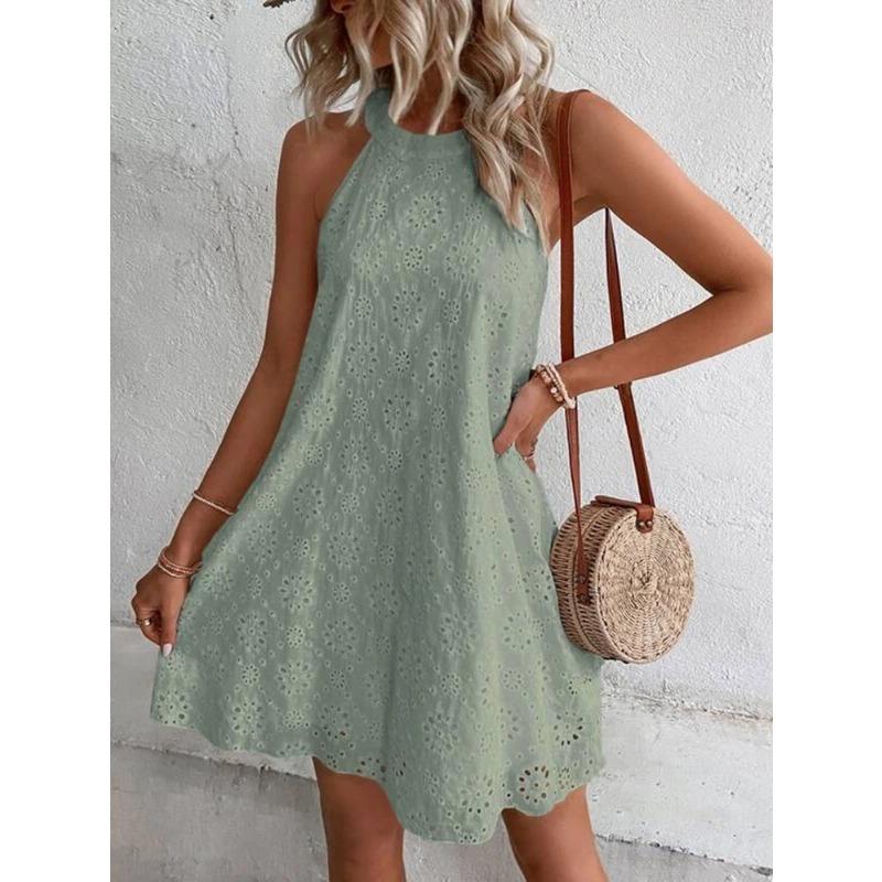 Women Solid Color Lace Button Halter Sleeveless Knee Length Summer Casual Dress
