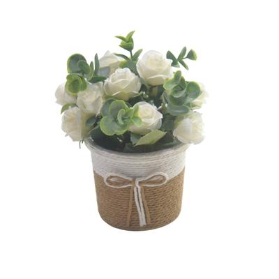 Artificial Rose Flower and Leaves Bouquets In Small Vase Faux Flowers Potted Plant for Home and Office Table Decoration