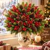 64 Pcs 32 Sets Christmas Artificial Floral Bouquet with Red Berries Pinecones and Pine Branches for Indoor Outdoor Decorations