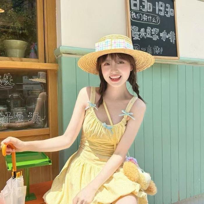 

Summer Sweet and Cute Dopamine Polka Dot Bow Suspender Dress Small Waist Skinny Princess Skirt S