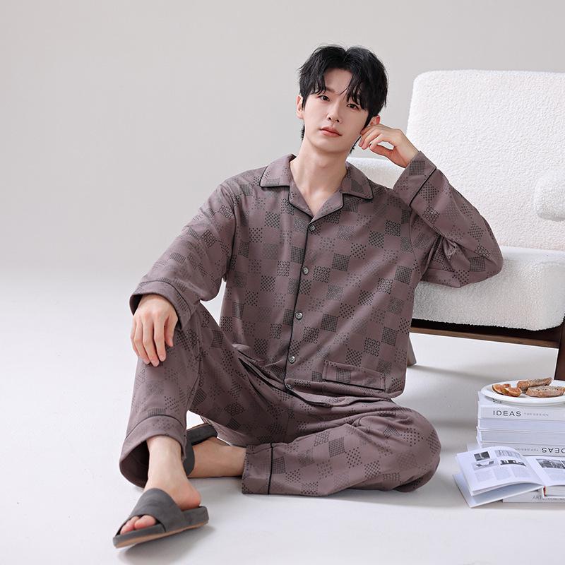 Men's Long-Sleeve Pure Cotton Pajama Set with Lapel - Autumn/Winter Two-Piece Homewear