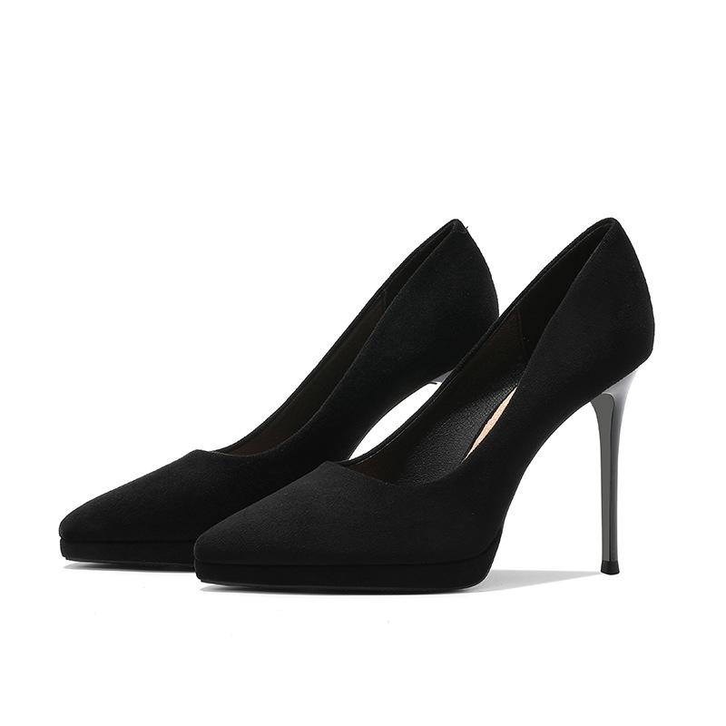 Fashion 2025 Spring New Black High Heels Sexy Stiletto Pointed Toe Platform Lady Party Single Shoe Career Suede Womens Pumps Size 34-39