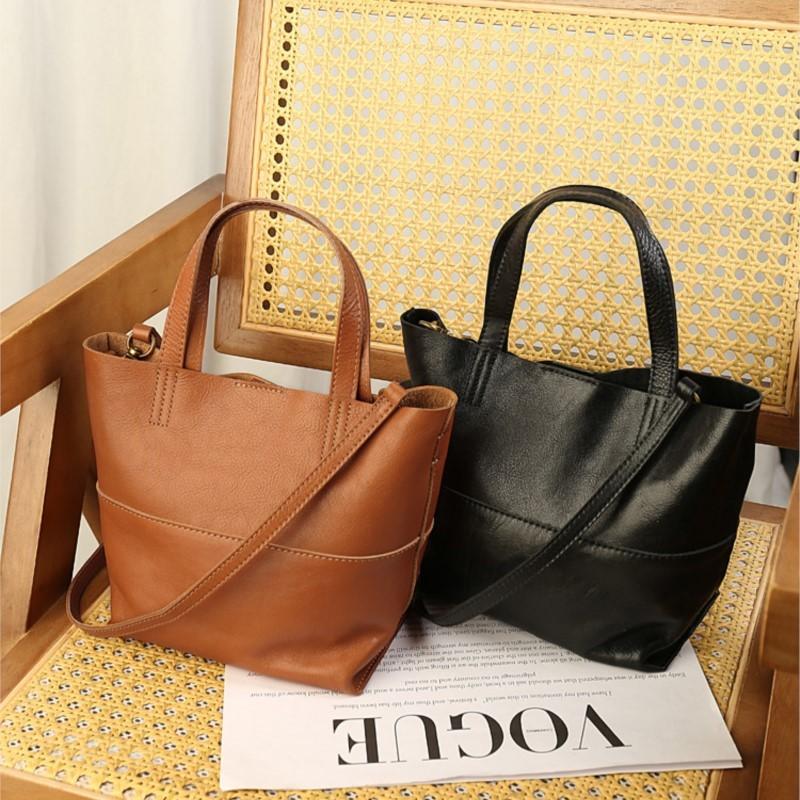 Johnature Large Capacity Lazy Style Simple Soft Cowhide Handbag Genuine Leather Tote Bag Versatile Shoulder Bag