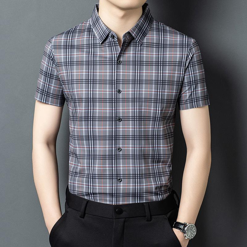 Striped Men's Short Sleeve Shirt Summer New Digital Printing Lapel Plaid Shirt Casual High Elastic Half Sleeve Top