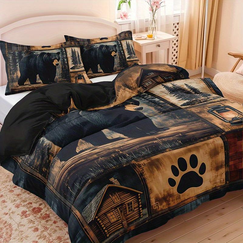 3pcs Black Bear Cabin Patchwork Bedding Duvet Cover Set Wilderness Black Bear Bedding Quilt Set Rustic Cabin Themed Bed