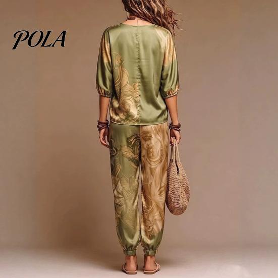 Pantaloni a vita alta regolabili Set estivi da 2 pezzi per donna, Stampa floreale Manica a sbuffo 3/4 Stile bohémien da resort Vestiti Top con scollo a V e abbinamento