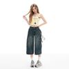 Trendy Vintage Pocket Cargo High Waist Loose Straight Wide Leg Cropped Capri Denim Shorts For Women Versatile Slimming FigureFlattering Casual Bottoms