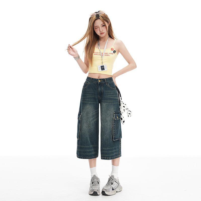 Trendy Vintage Pocket Cargo High Waist Loose Straight Wide Leg Cropped Capri Denim Shorts For Women Versatile Slimming FigureFlattering Casual Bottoms