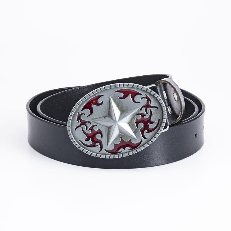 Pentagram Leather Men's Cowhide Belt Retro Smooth Buckle Wide Belt Decorative Belt