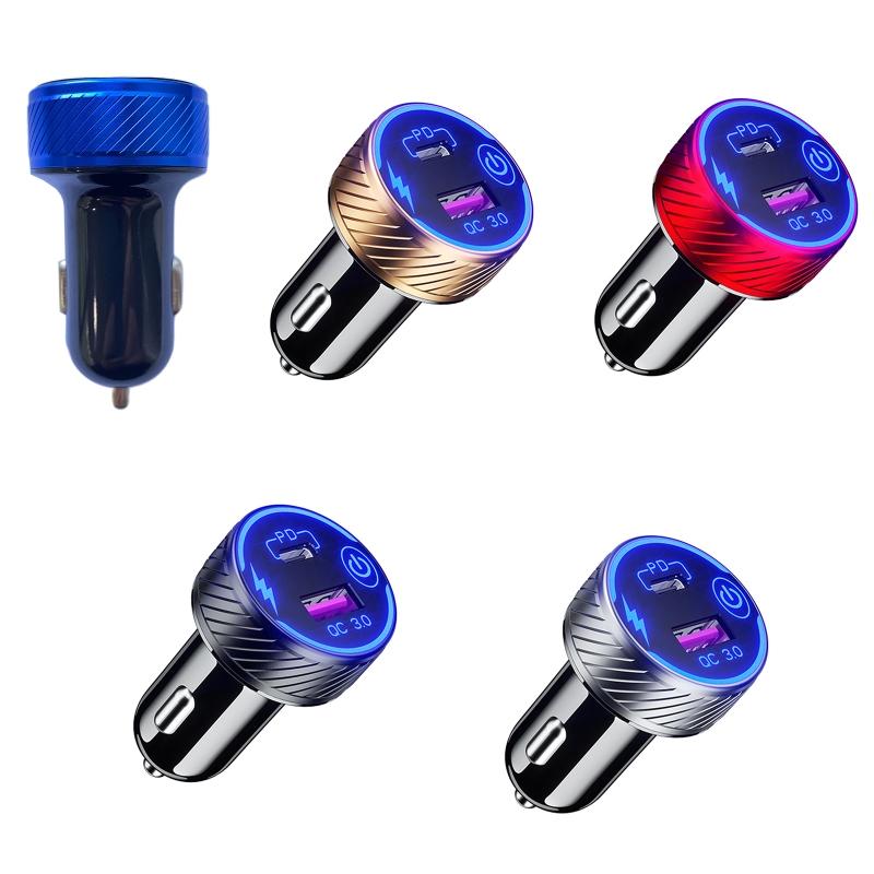 Universal QC3.0 USB Dual Port USB C Type C PD Car Adapter Fast Car Charger with for Touch Power Switch LED Backlight
