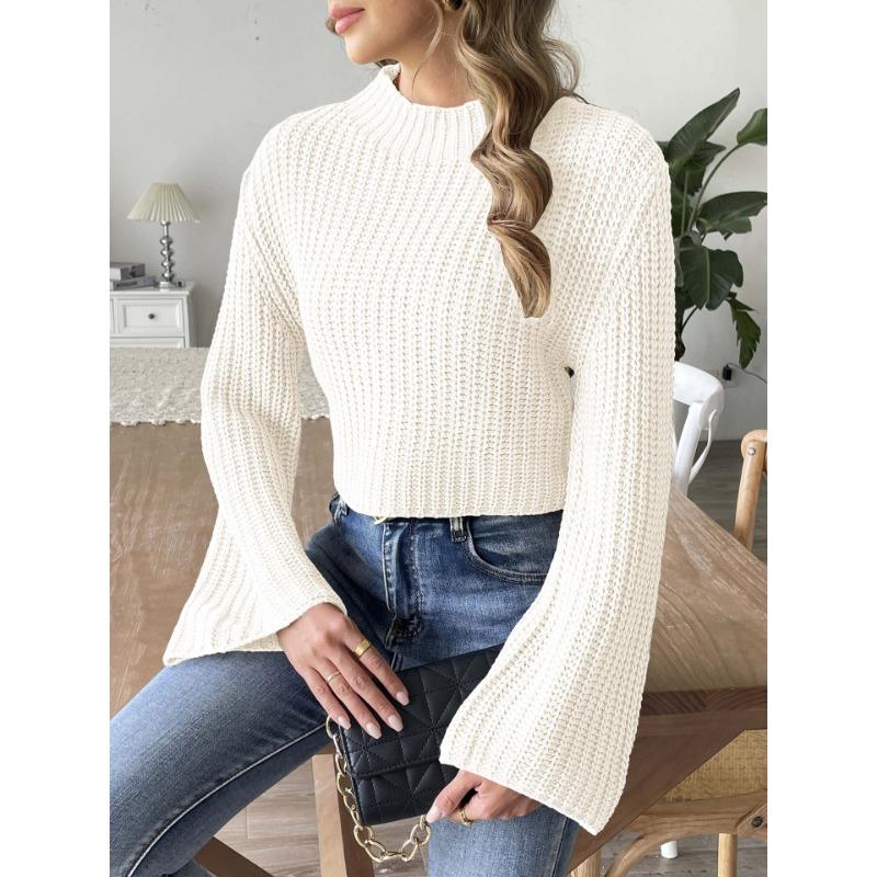 Women S Cropped Mock Neck Flared Sleeve Pullover Sweater