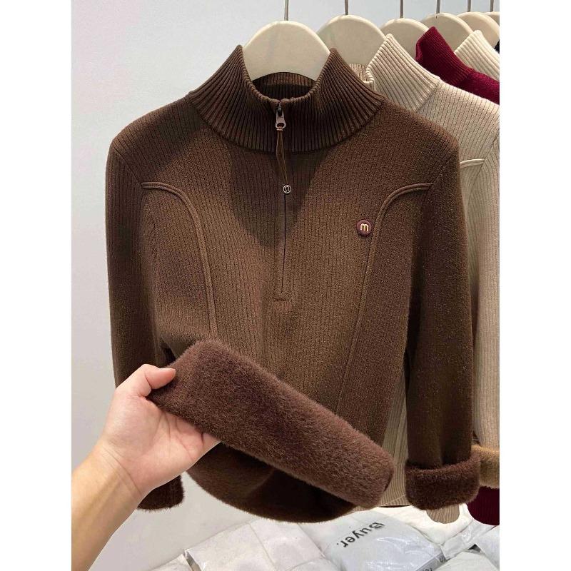 Thickened Semi-turtleneck Zipper Sweater Women's Autumn and Winter Stacked Wear Bottoming Shirt Versatile Lazy Wind Knitted Top