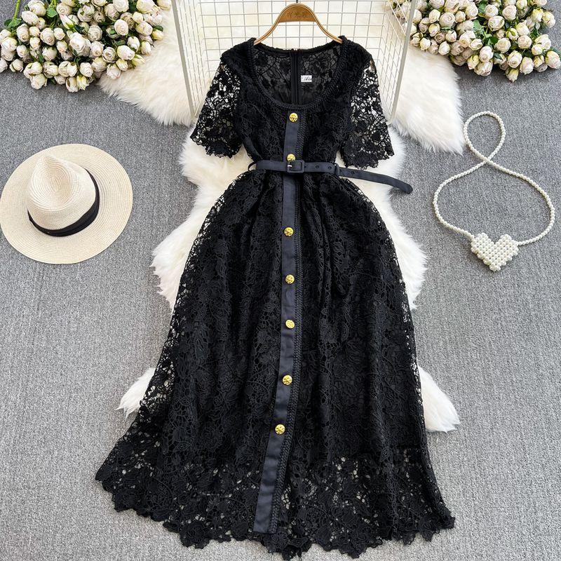 Single-Breasted Water Soluble Lace Dress Elegant Short Sleeve