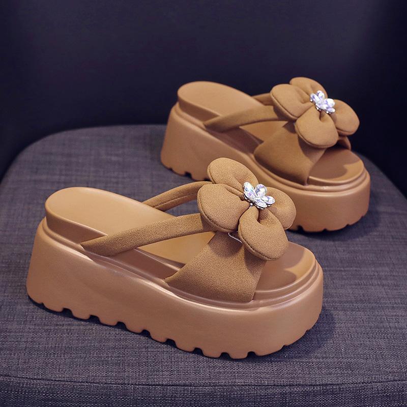 Fashion New Summer Leather Slippers Women's Outside Chunky Sandals 2025 Fashion 9CM Wedges Platform Shoes Woman Flats Beach Flip Flops