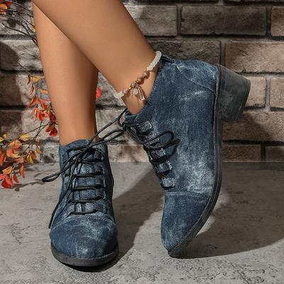 Autumn New Lace-up Mid-heel Short Boots Women's Large-size Denim Pointed Martin Boots