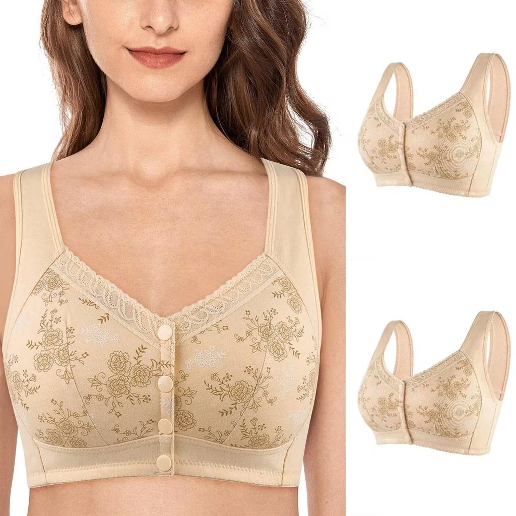 Women's Middle-aged And Elderly Large Size No Steel Ring Front Buckle Wide Shoulder Strap Soft Cotton Cup Bra