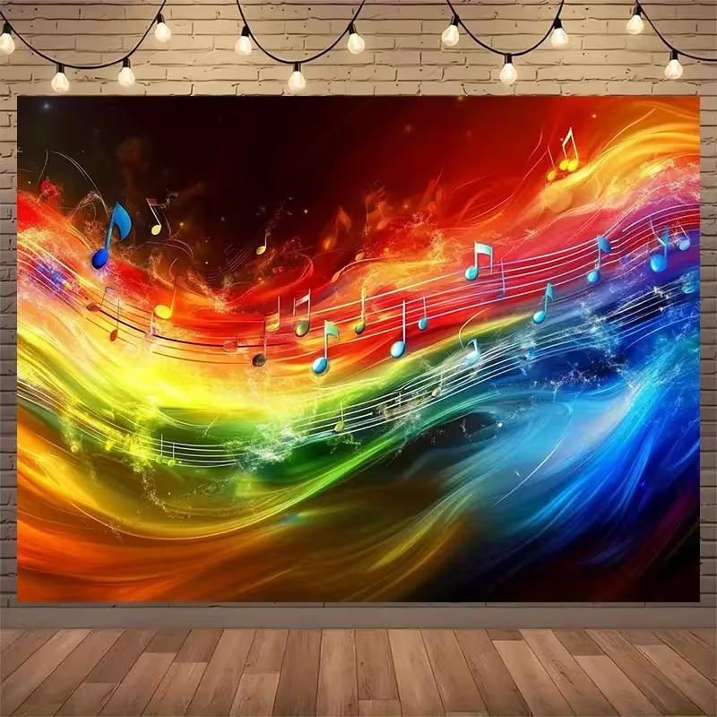 Rainbow Fire Music Notes Backdrop Vibrant Abstract Wave Studio Background
