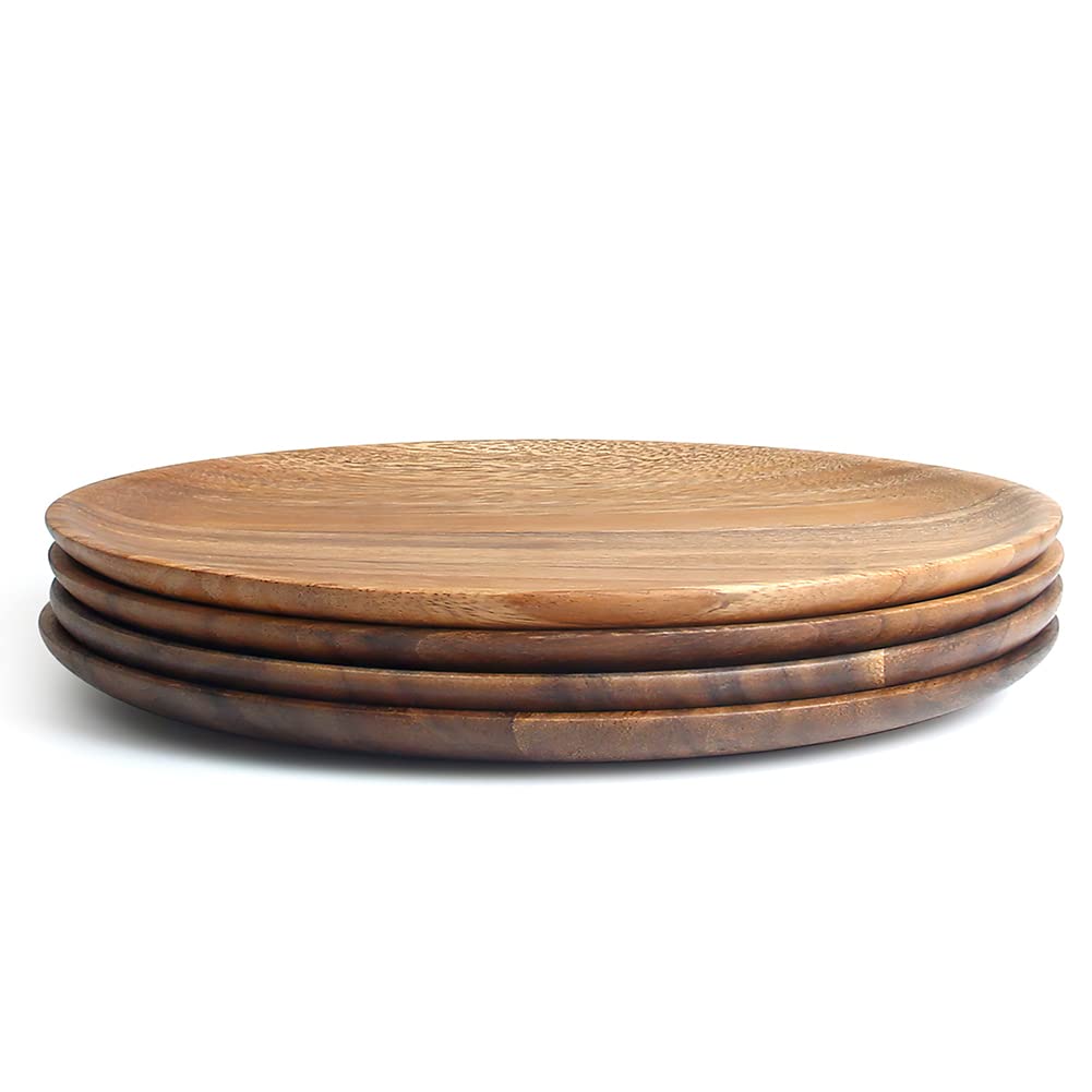 YFWOOD Lacquered Acacia Wood Plate Set, 4 Pieces, 27cm Diameter, Large Wooden Tray, Round Plate, Japanese Tableware, Grilled Fish, Appetizers, Sweets,