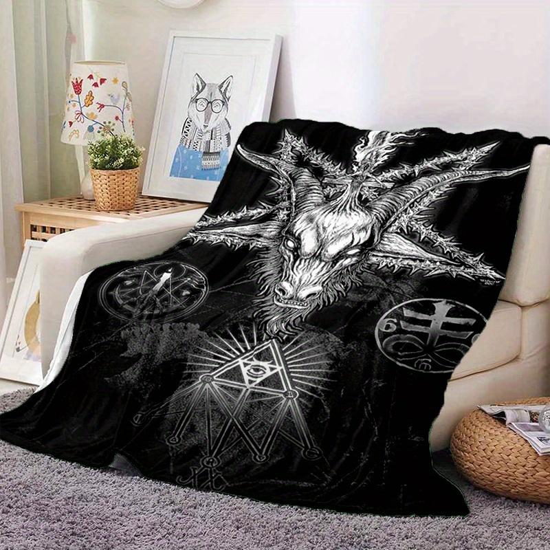 Satanic Goat Head Flannel Blanket – Soft, All-Season Black & White Mystical Pattern with Pentagram & Flames, Gothic Home Decor