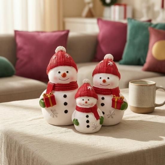 Seasonal Home Decor Christmas Resin Snowman Figurine, Cute Family of 3 Statue with Santa Holiday Mantel Hat, Red Scarf, Tabletop Ornament for