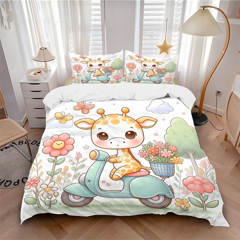 3pcs Cute Giraffe Riding a Bike Bedding Set - Includes Quilt Cover and Pillowcases, Suitable for All Seasons M043