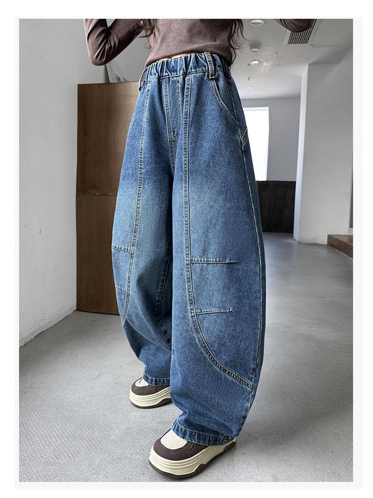 Autumn 2025 Girls' Wide-Leg Scimitar Jeans - Casual Long Pants for Kids
