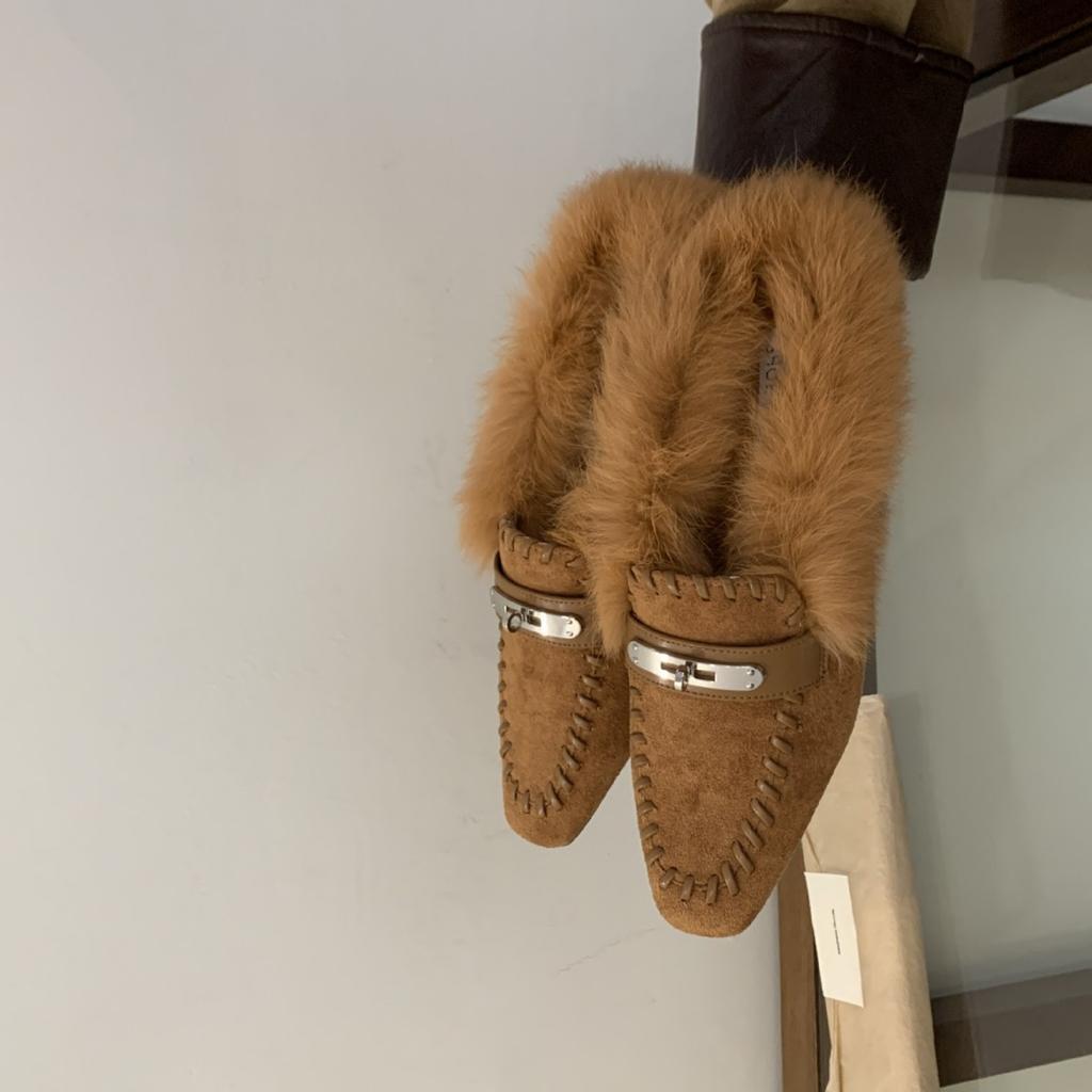 2025 Autumn and Winter New Square Head Rabbit Hair Metal Buckle Hair Low Heel Flat Bottom Doudou Half Drag Women's Shoes