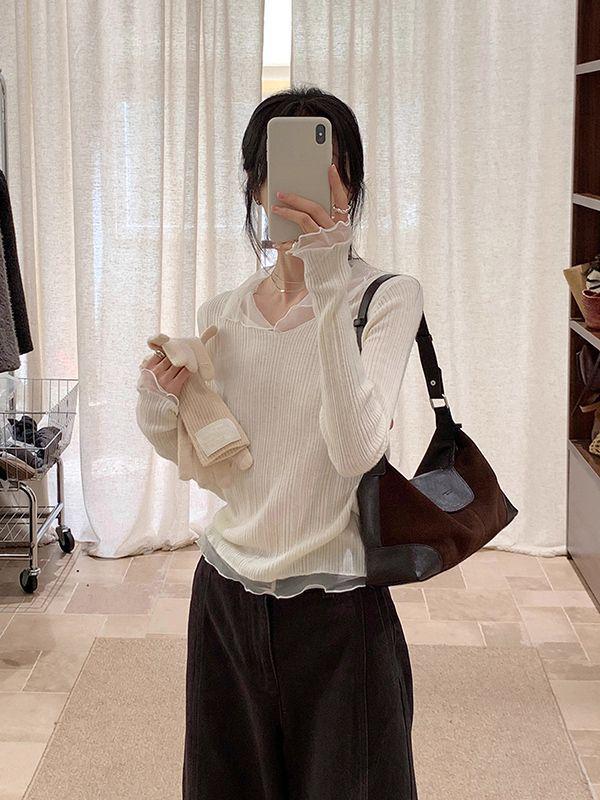 Korean Style White Mesh V-Neck Patchwork Long Sleeve Slim Top for Women - Autumn/Winter