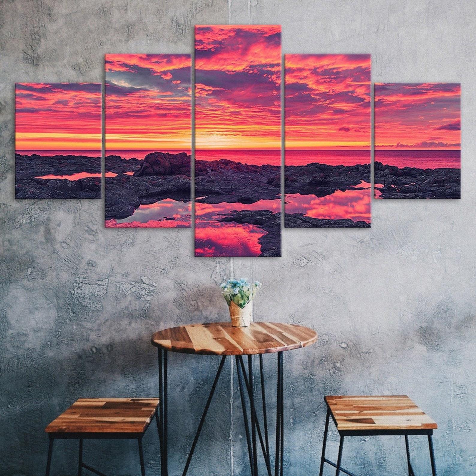 

Sea Rocks Red Sky Sunset Canvas 5 Piece Five Panel Wall Print Modern Art Poster Picture Home Decor Gift For Him For Her 20X35 20X45 20X55CM