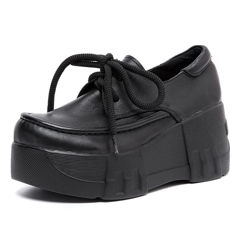 Moda GKTINOO 2025 Primavera Nuevos Zapatos de Salón de Cuero Genuino Zapatos de Mujer de Suela Gruesa Retro Cómodos de Punta Redonda Cuñas Zapatos de Plataforma