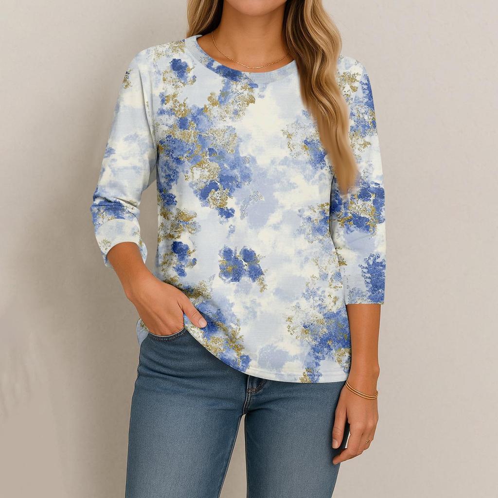 Women's Fashion Casual Round Neck 3/4 Sleeve Loose Printed T-Shirt Ladies Top