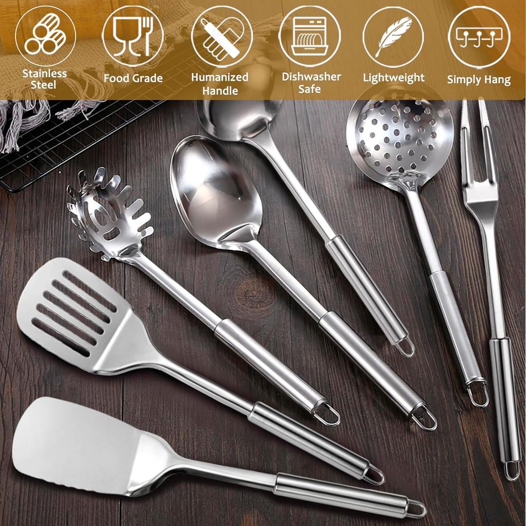 25Pcs Cooking Utensils Set, Stainless Steel Kitchen Utensils Set with Holder, Heat Resistant Metal Spatula Set Utensils Set for Cooking with Turners,