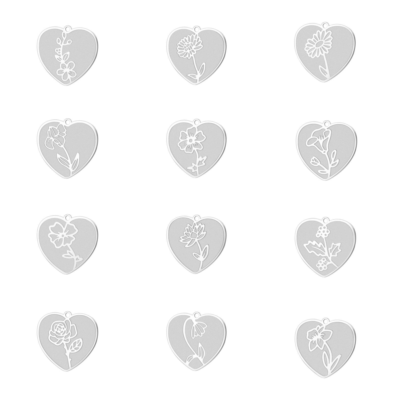

Teamer 12pcs/lot Birth Month Flowers Heart Charms Stainless Steel Gold Color DIY Pendant for Necklace Earring Jewelry Making