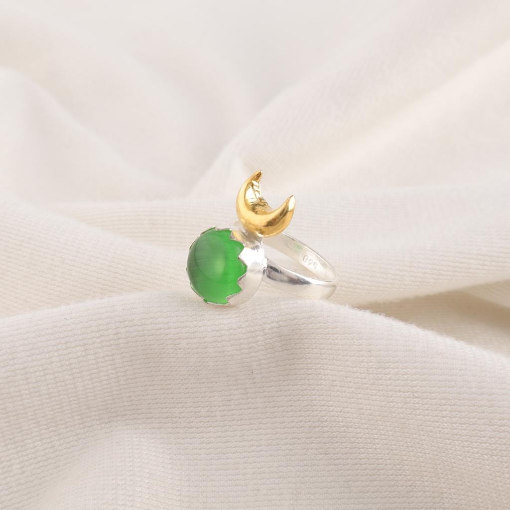 Round Natural Green Cat's Eye Sterling Silver Wedding Gift Statement Unique Ring RR-58-43