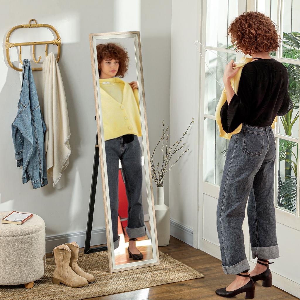 Full Body Mirror 157x37 Cm Floor Or Wall Mirror With Mdf Frame And White And Natural Stand
