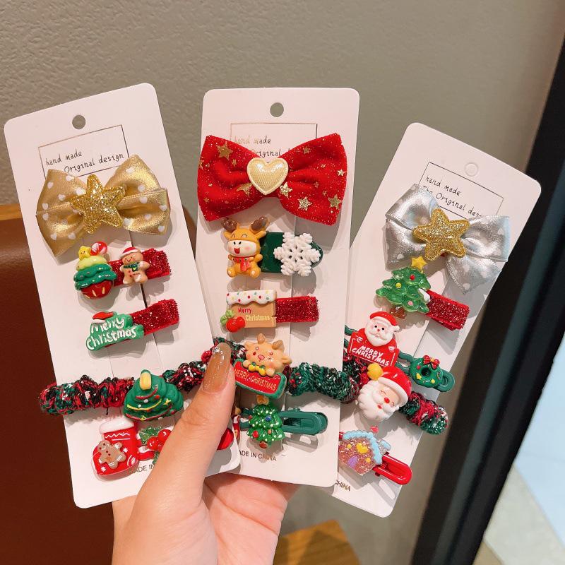 Mori Style Christmas Hair Accessories: Cute Deer & Snowman Clips, Red Rubber Bands for Little Girls