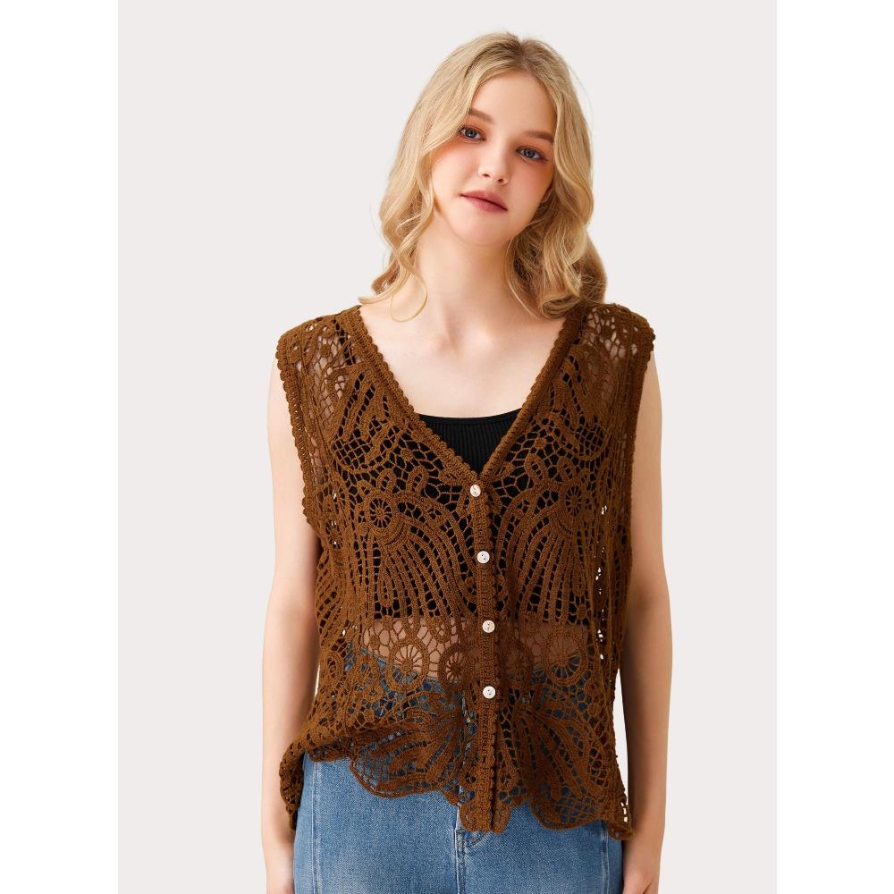 DIMANAF 2026 New T-Shirt Knitting Lace Vest Women Buttons O-Neck Hollow Summer Style Basic Tops Tees Loose Clothing