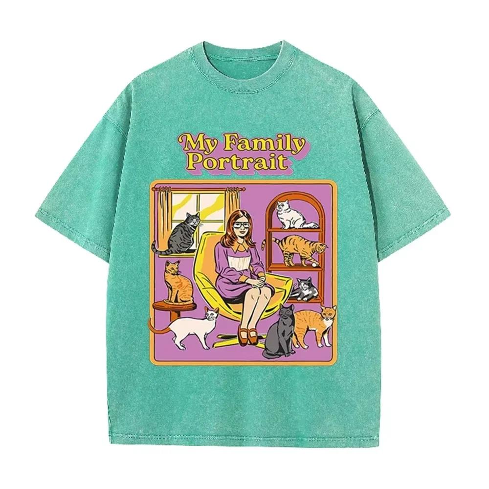 Distressed Purple Vintage Tee Funny Cat Lady My Family Portrait Cartoon Print Loose Oversized Short Sleeve Tshirt