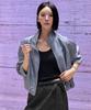 Leftseoul High-Neck Silky Satin Blouson [Blue-Gray]