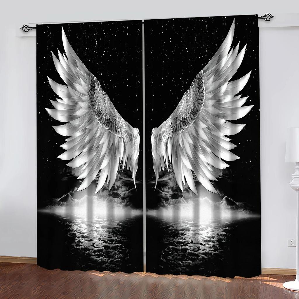 2 Pieces of Angel Wings and Star Printed Curtains, Pole Bag Home Decoration, Room Decoration