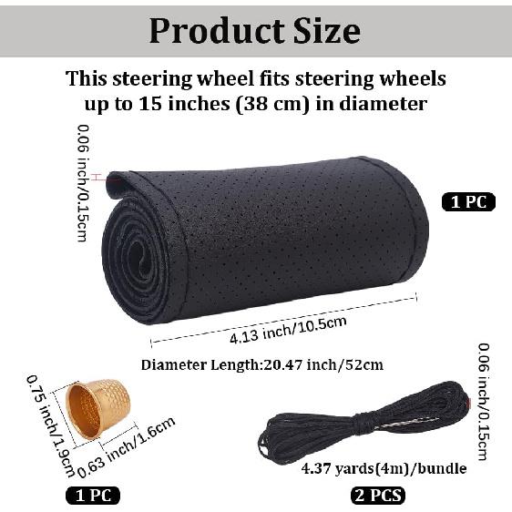 Black Cowhide Steering Wheel Cover Breathable Genuine Leather Stitch On Sewing Wrap Universal Non-Slip Car Steering Wheel DIY Protector with Needle