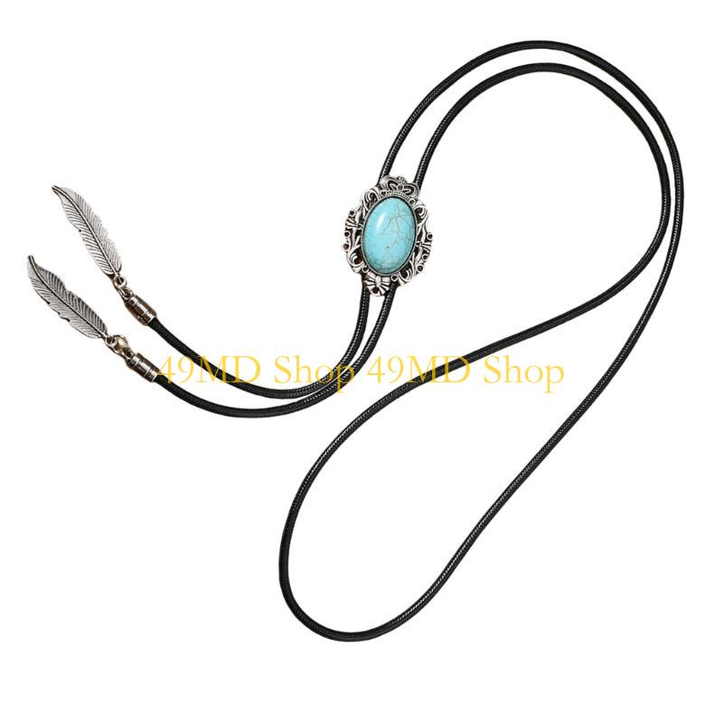 49MD Leather Rope Bolo Tie Vintage Turquoises Western Necklace with Pendant
