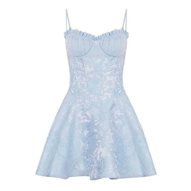 

H Home European and American Women s Clothing French Romantic Jacquard Texture Blue Slip Dress Chest Girdle Fairy Dress Blue L