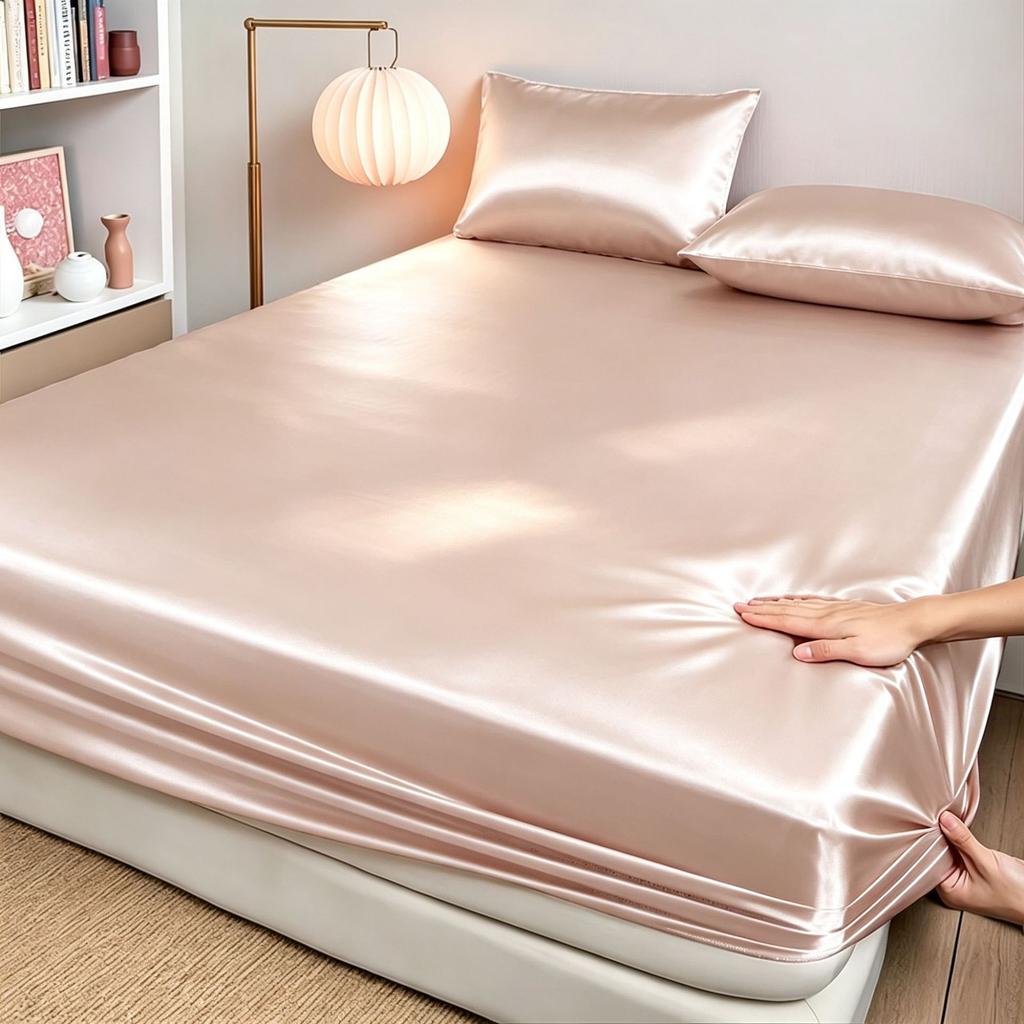 High-end Satin Fitted Sheet with Elastic Band Solid Color Silky Bed Sheet Smooth Non-Slip Mattress Cover Bedspreads Bed Linen