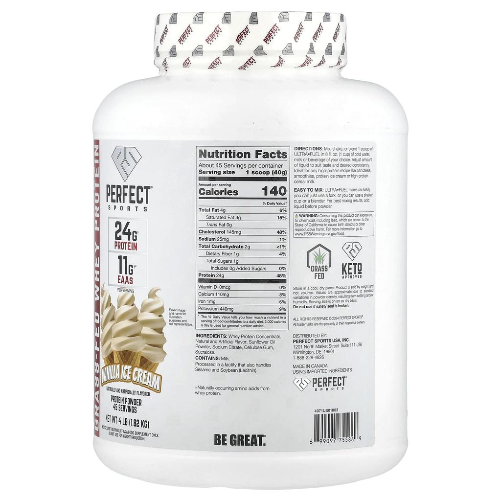 Ultra Fuel, Grass-Fed Whey Protein, Vanilla Ice Cream Flavor, 1.82Kg (4Lb)
