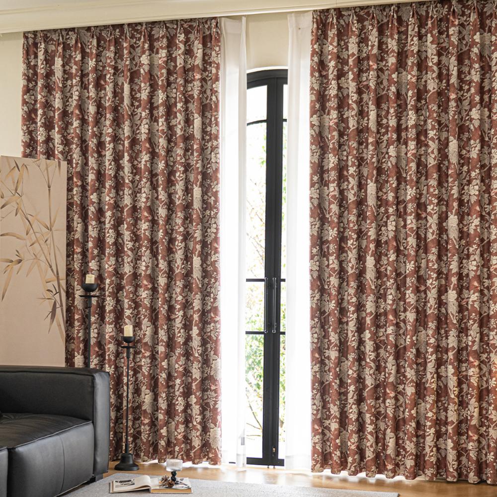 Gordijnen met Bloemendruk, Volledig Lichtblokkerend Frans Rozenontwerp, Zacht Chenille, Slaapkamer- en Woonkamerdecor W100xH200cm&Hooks tape top bruin